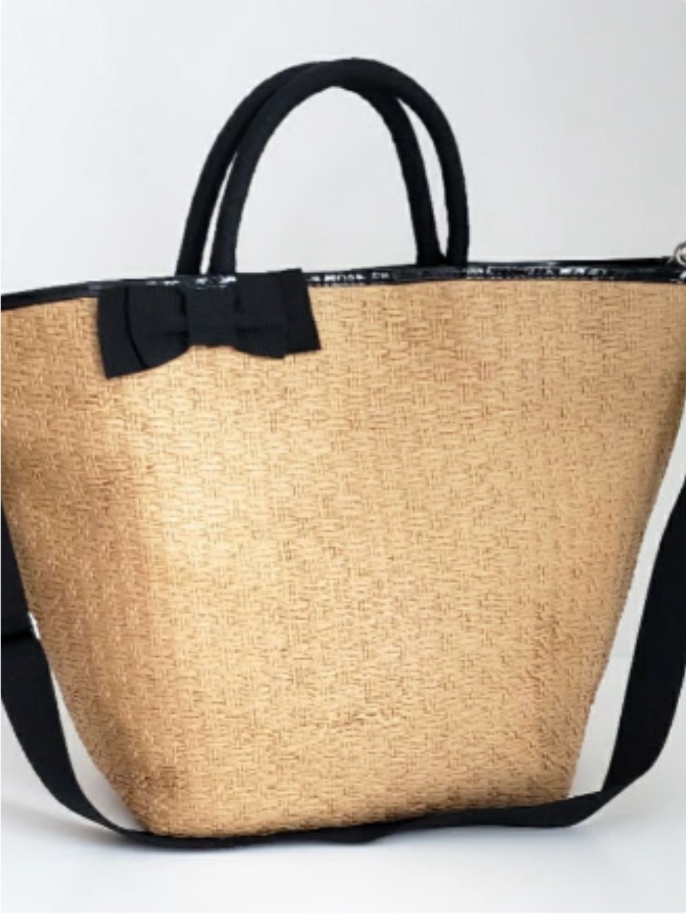 Woven Straw Tote Bag with Black Trim and Bow and Pink Gingham Lining